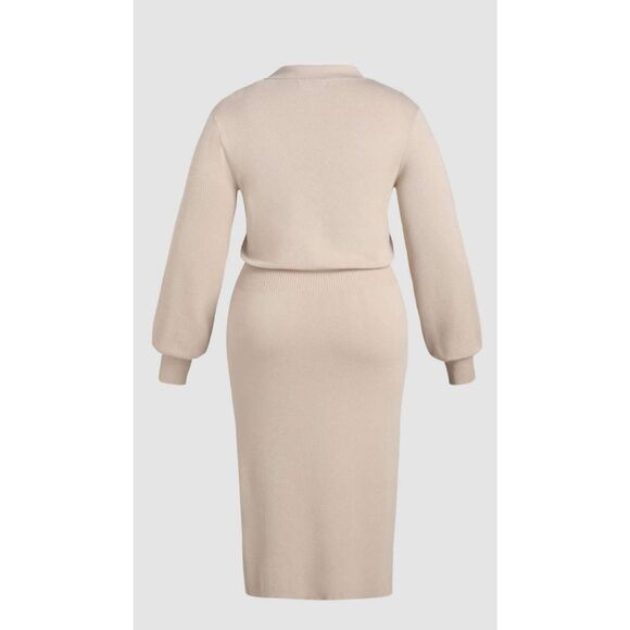 Cider Curve Beige Knit Dress, V Neck, Front Split, Long Sleeve, NWT, 1XL - Picture 2 of 4